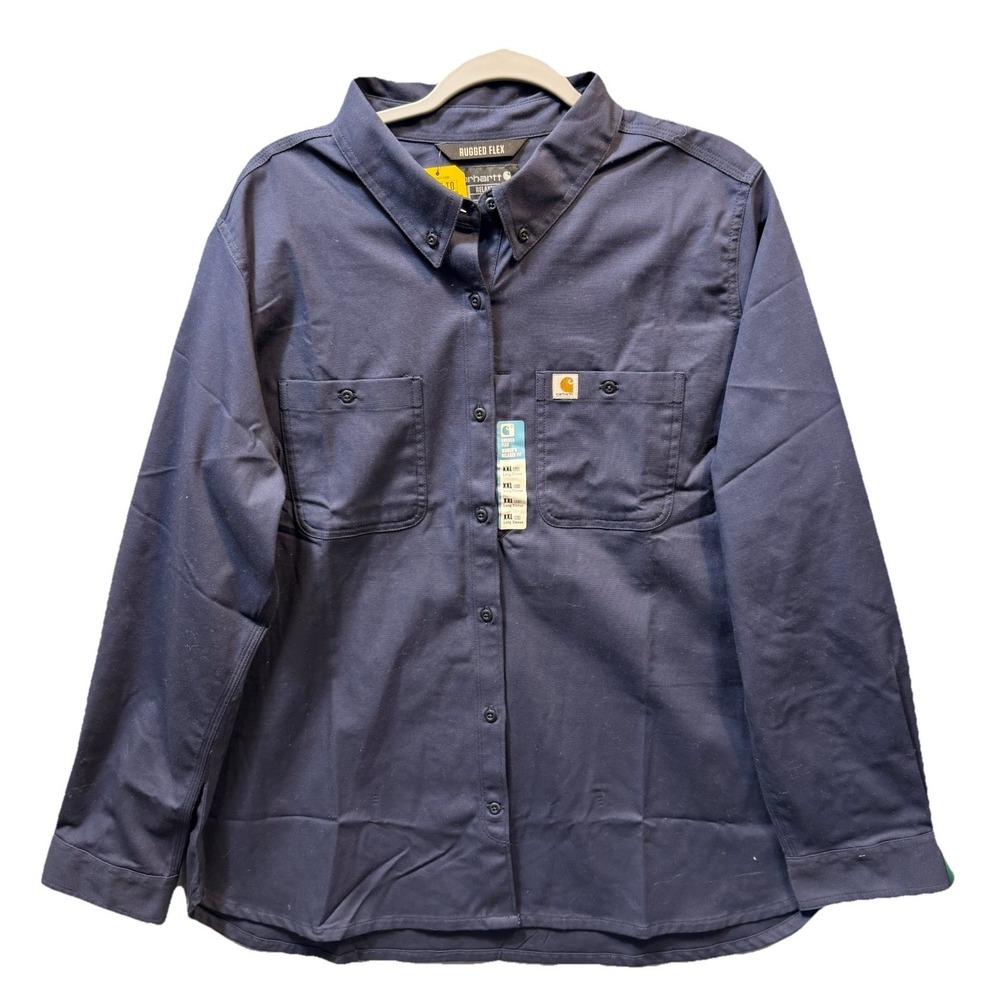 Women's Carhartt Rugged Flex Relaxed Fit Long Sleeve Button Navy Shirt Med Navy